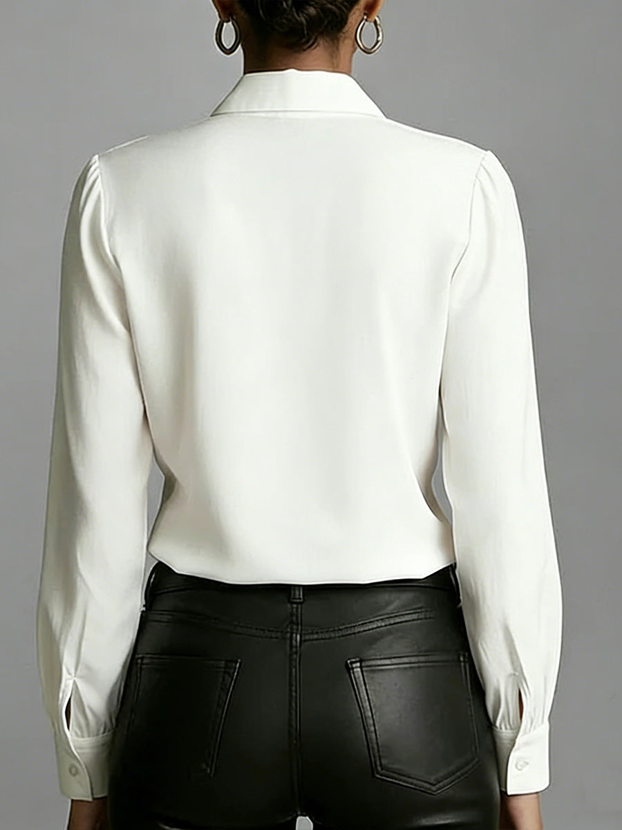 Women's Solid Color Lapel Ruffle Long-sleeved Casual Loose Cotton Shirt